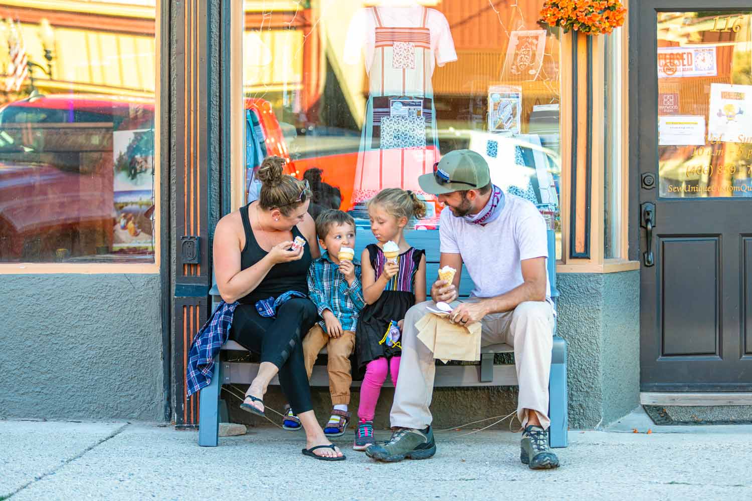Family enjoying homemade ice cream in Philipsburg, Montana.