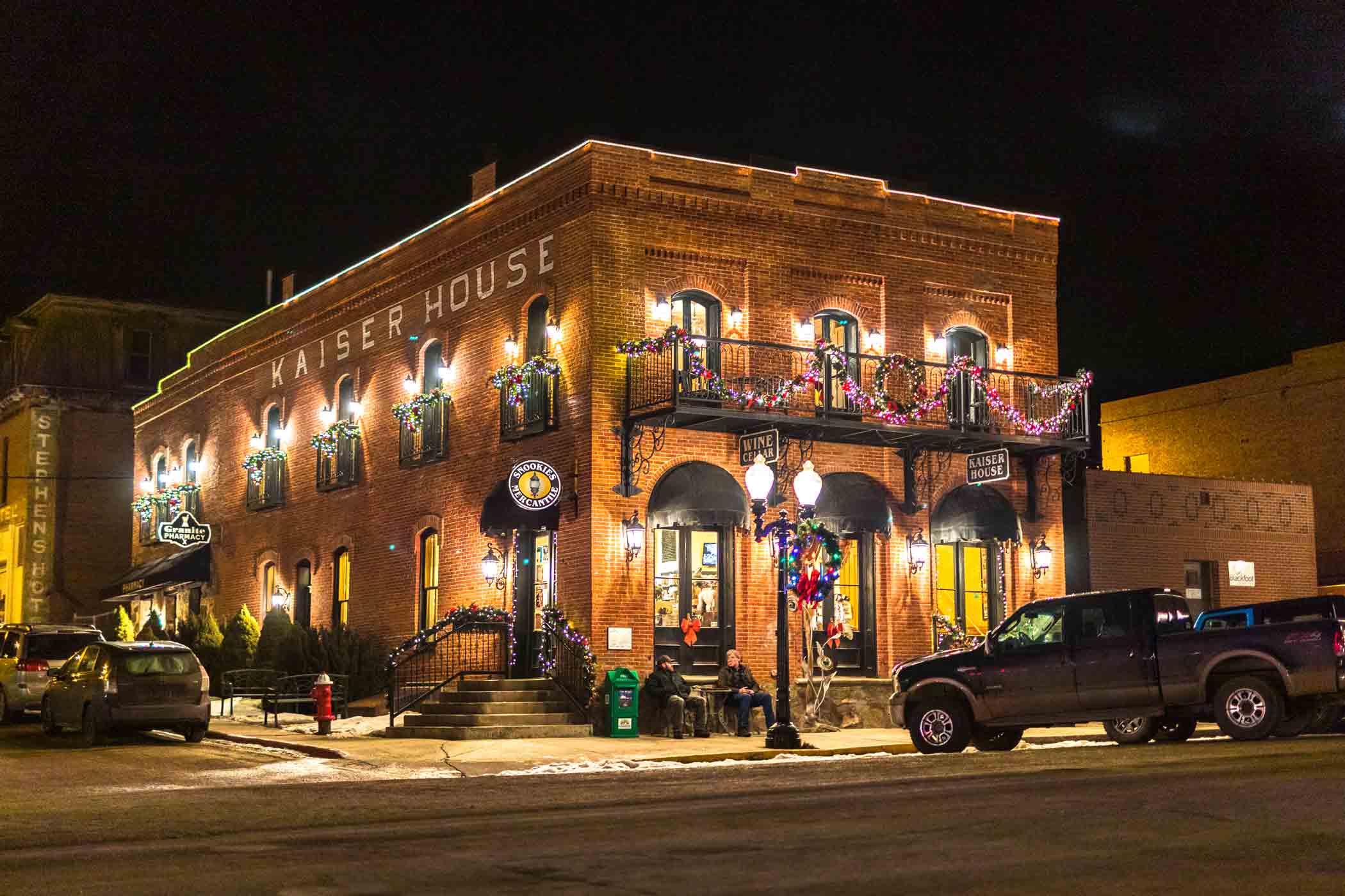 Kaiser House Hotel in Winter during the holidays in Philipsburg, Montana.