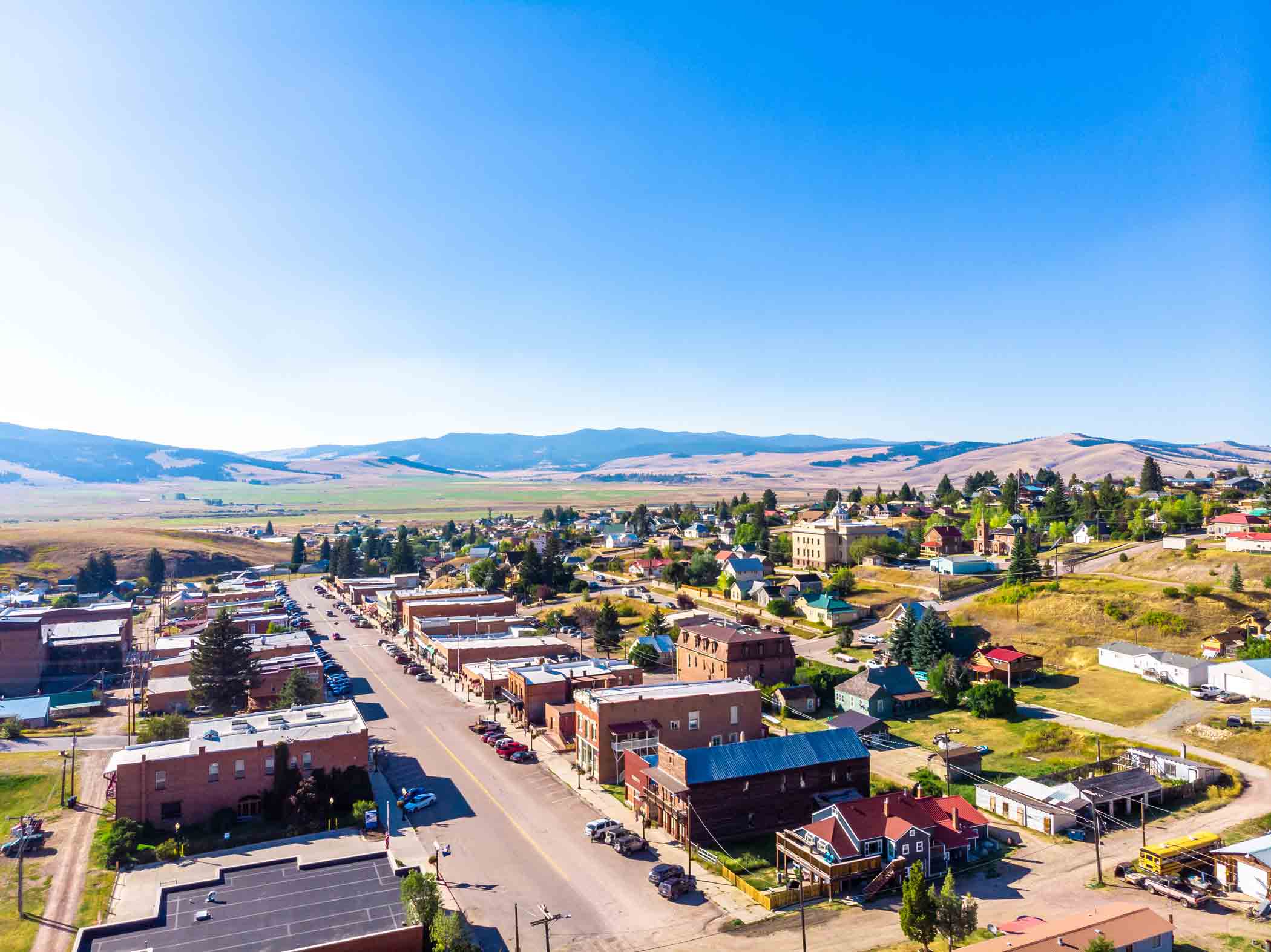 Aerial view of Broadway Street in Philipsburg, Montana
